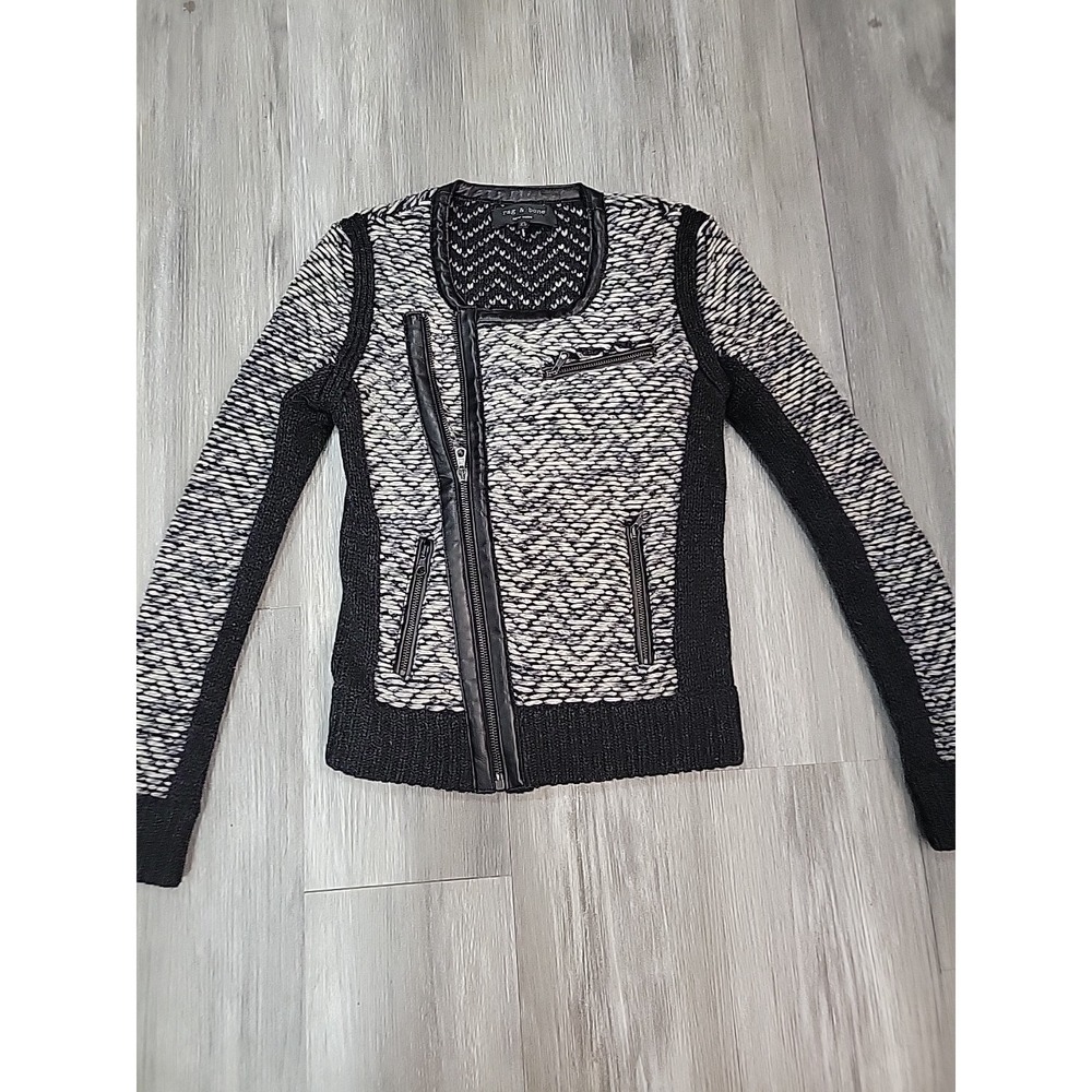 Rag & Bone Black Leather cross zip Trim Moto Jacket Sizeโ XS Black and White